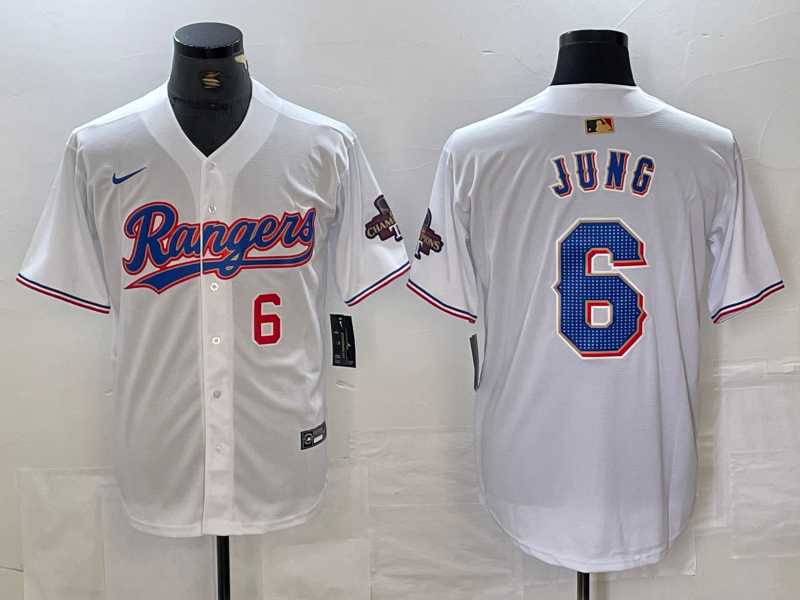 Mens Texas Rangers #6 Josh Jung Number White 2023 World Series Champions Cool Base Jersey
